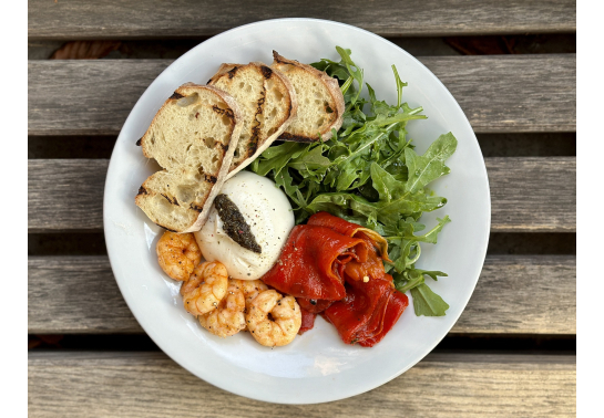 BURATTINO WITH ROASTED SWEET PEPPERS AND SHRIMPS