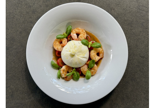 BURRATA WITH SHRIMPS AND ROASTED TOMATOES