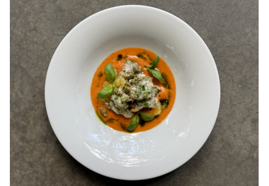 SHRIMP CRUD WITH ROASTED PEPPER SAUCE