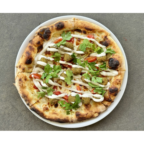 PIZZA WITH FALAFEL AND YOGURT