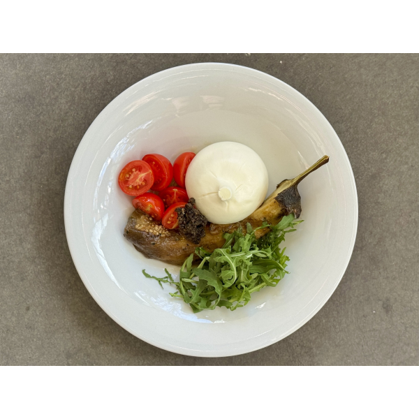 BURRATINA WITH ROASTED EGGPLANT AND TOMATOES