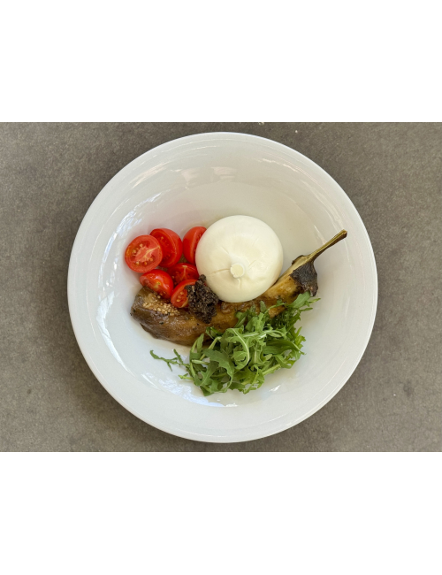 BURRATINA WITH ROASTED EGGPLANT AND TOMATOES