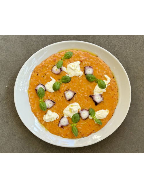 RISOTTO WITH TOMATOES, OCTOPUS AND GRATEFUL CHEESE