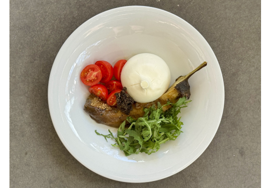 BURRATINA WITH ROASTED EGGPLANT AND TOMATOES