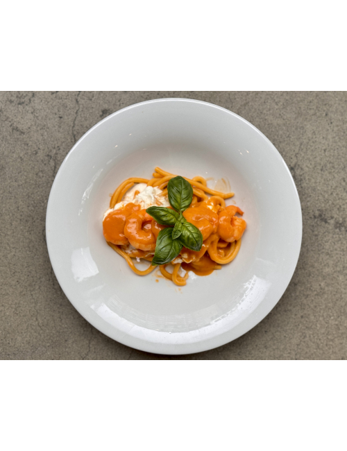 SPAGHETTI WITH SHRIMPS AND STRACATELLA