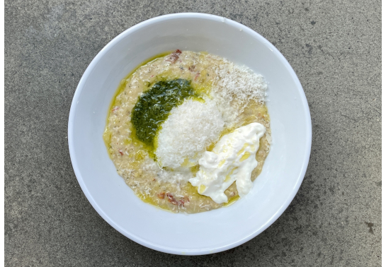 THREE-CREAM PORRIDGE WITH SUN-DRIED TOMATOES AND POACHED EGG