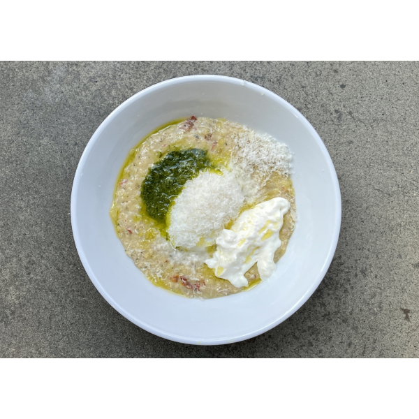 THREE-CREAM PORRIDGE WITH SUN-DRIED TOMATOES AND POACHED EGG