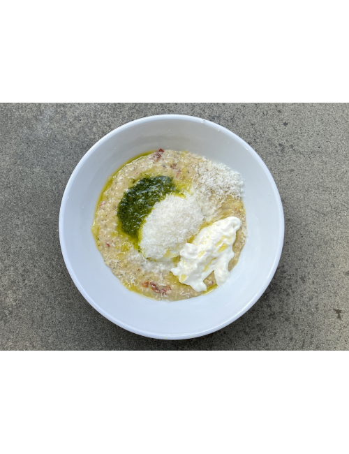 THREE-CREAM PORRIDGE WITH SUN-DRIED TOMATOES AND POACHED EGG