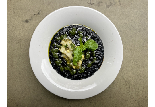 BLACK RISOTTO WITH SCALLOP TARTA AND AVOCADO