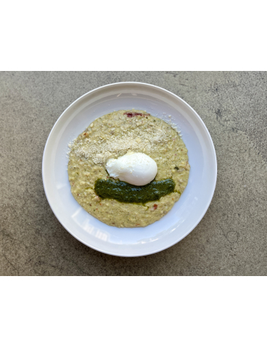 THREE-CREAM PORRIDGE WITH SUN-DRIED TOMATOES AND POACHED EGG