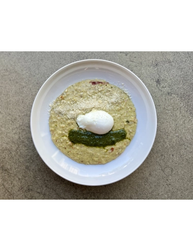 THREE-CREAM PORRIDGE WITH SUN-DRIED TOMATOES AND POACHED EGG
