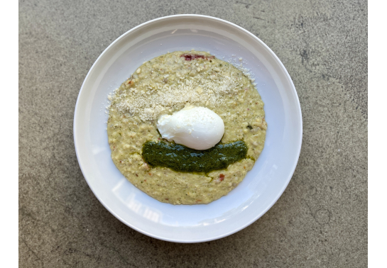 THREE-CREAM PORRIDGE WITH SUN-DRIED TOMATOES AND POACHED EGG