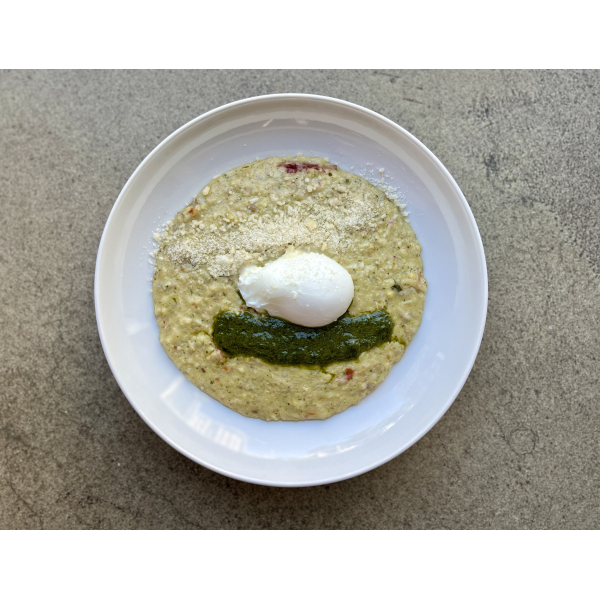 THREE-CREAM PORRIDGE WITH SUN-DRIED TOMATOES AND POACHED EGG